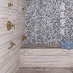 Rustic bathroom double shower with wood look tile walls and floors