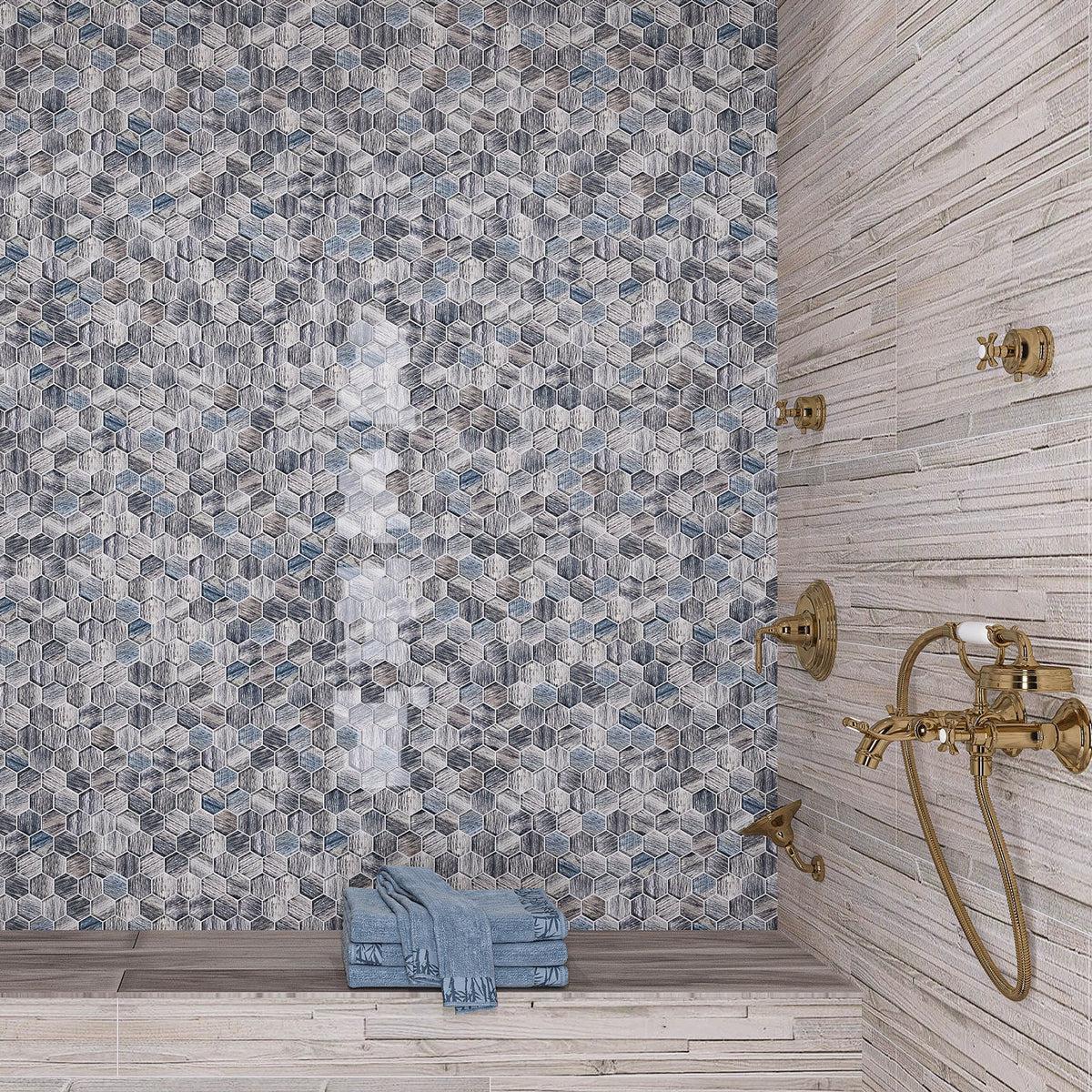 Blue Wooden Glass Hexagon Mosaic Tile