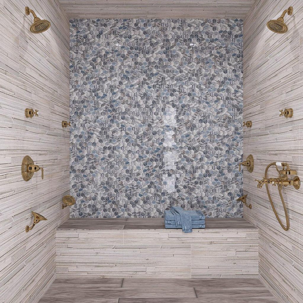 Blue Wooden Glass Hexagon Mosaic Tile | Tile Club