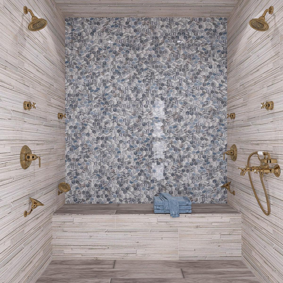 Blue Wooden Glass Hexagon Mosaic Tile | Tile Club