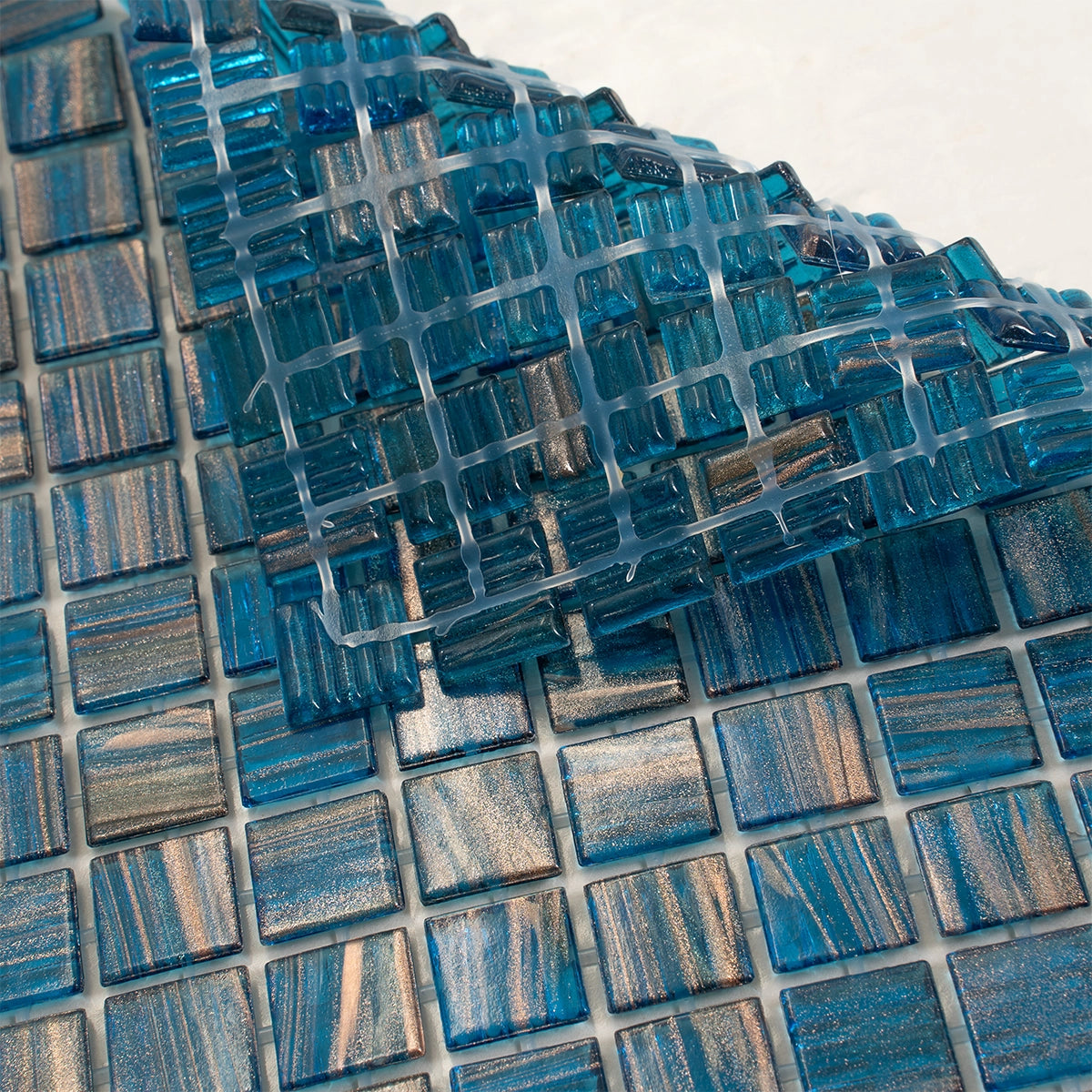 Deep Blue & Gold Swirls Mixed Squares Glass Pool Tile | Tile Club