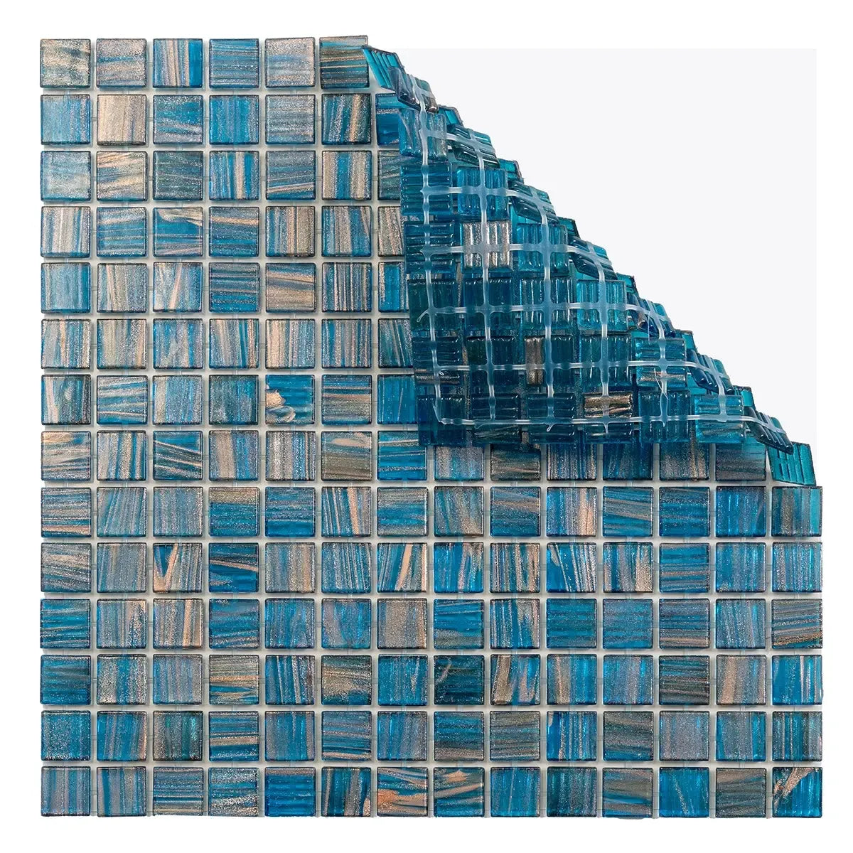 Deep Blue & Gold Swirls Mixed Squares Glass Pool Tile | Bold and