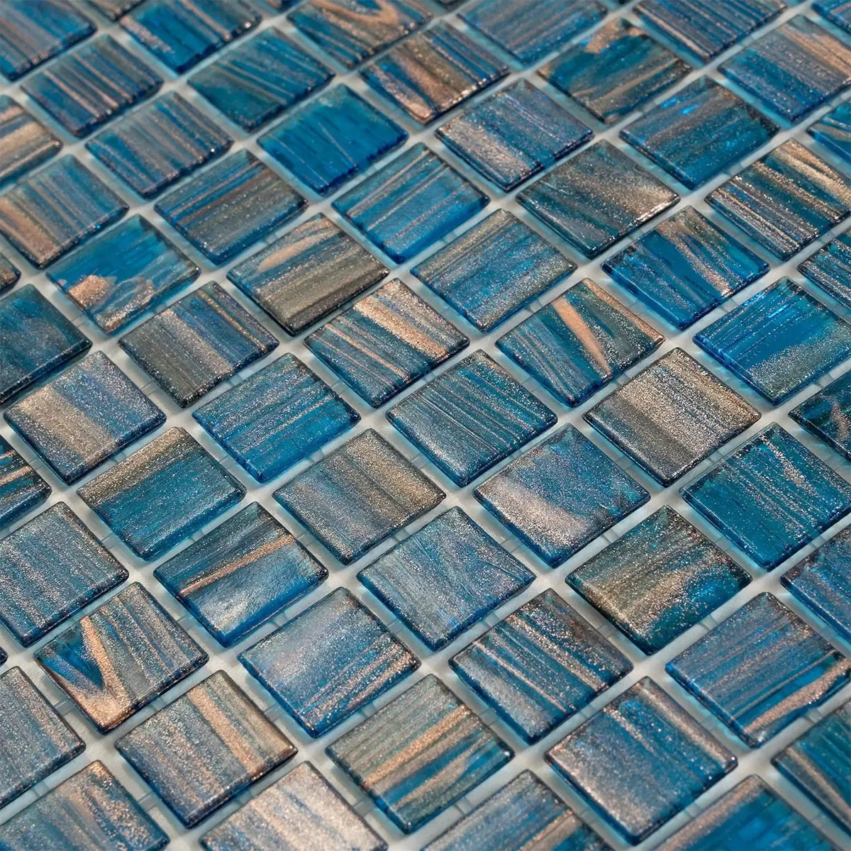 Deep Blue & Gold Swirls Mixed Squares Glass Pool Tile | Bold and