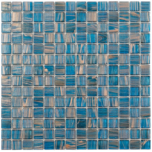 Deep Blue & Gold Swirls Mixed Squares Glass Pool Tile | Bold