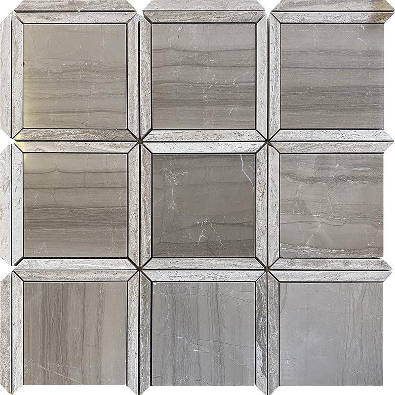 Geo Square Wooden Beige Marble Mosaic Tile