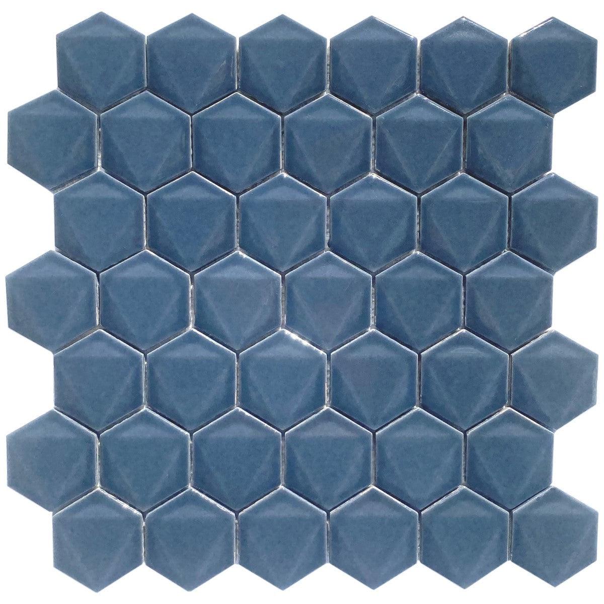 2 Inch 3D Blue Honeycomb Hex Porcelain Mosaic Tile