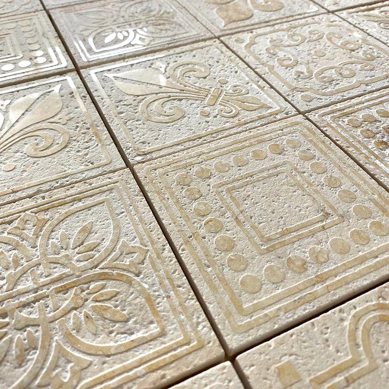 Large Crema Marfil Etched Marble Mosaic Tile