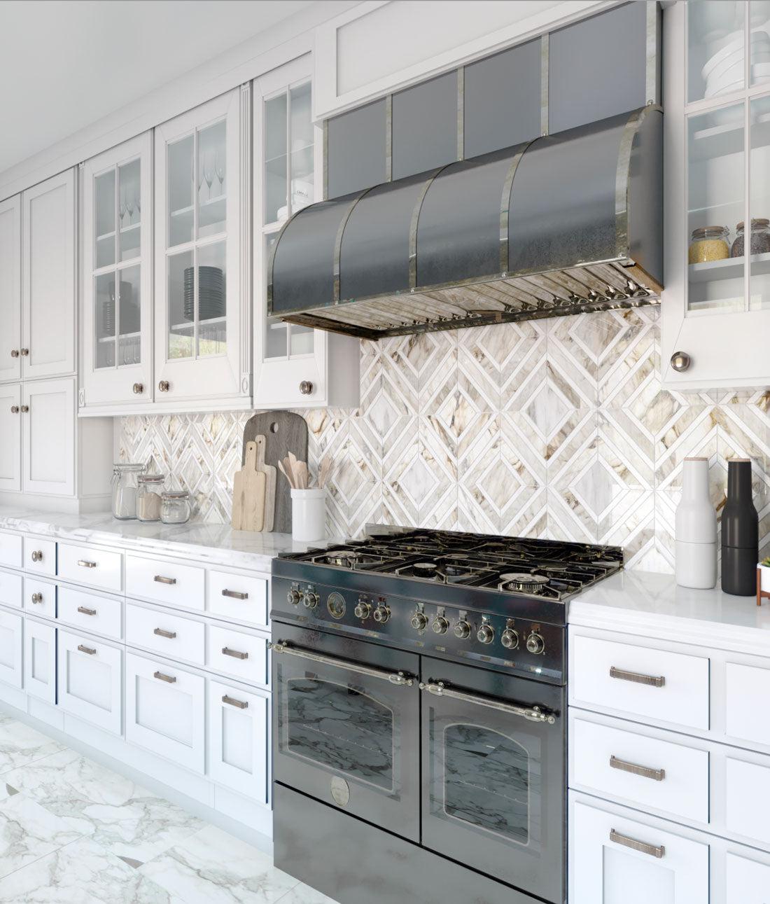 Diamond Marble Backsplash for a Gorgeous Accent Pattern to a Classic White Kitchen 