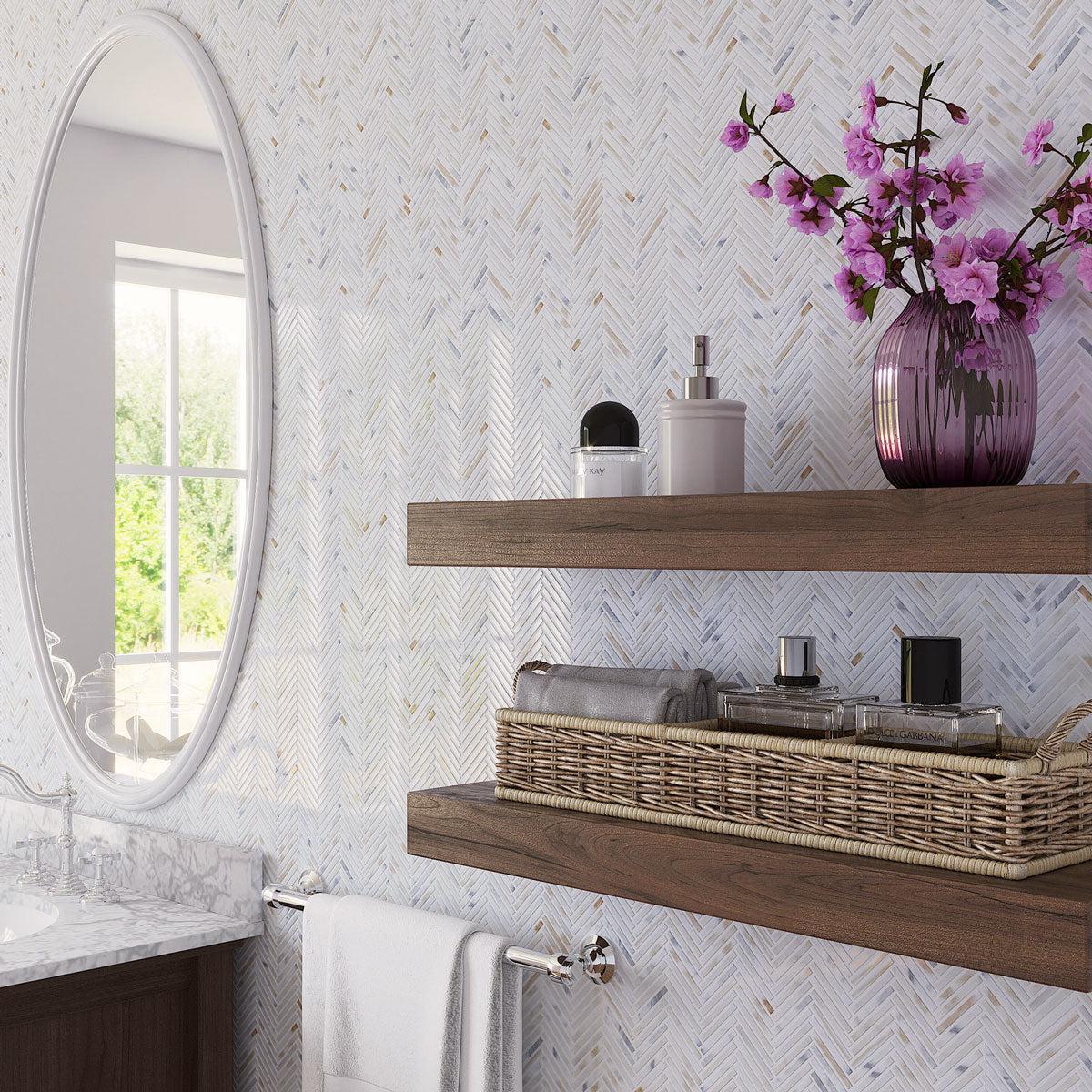 Light and Airy Bathroom Wall with Calacatta Gold Skinny Herringbone Mosaic Tile