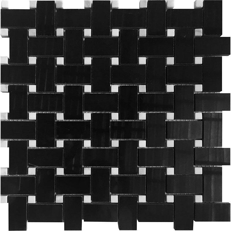 Nero Marquina Basket Weave With White Dot Marble Mosaic Tile | Tile Club
