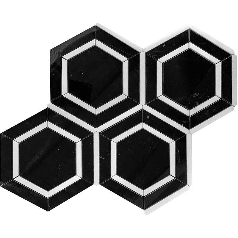 Nero Marquina And Thassos White 6 Inch Hexagon Marble Mosaic Tile Sample