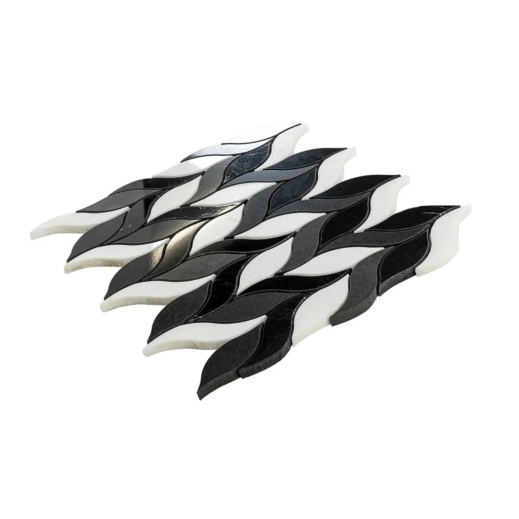 Nero Marquina & White Leaf Marble Mosaic Tile | Tile Club