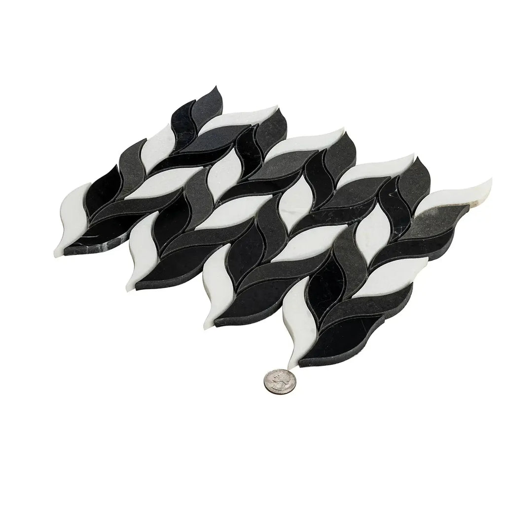 Nero Marquina & White Leaf Marble Mosaic Tile | Tile Club