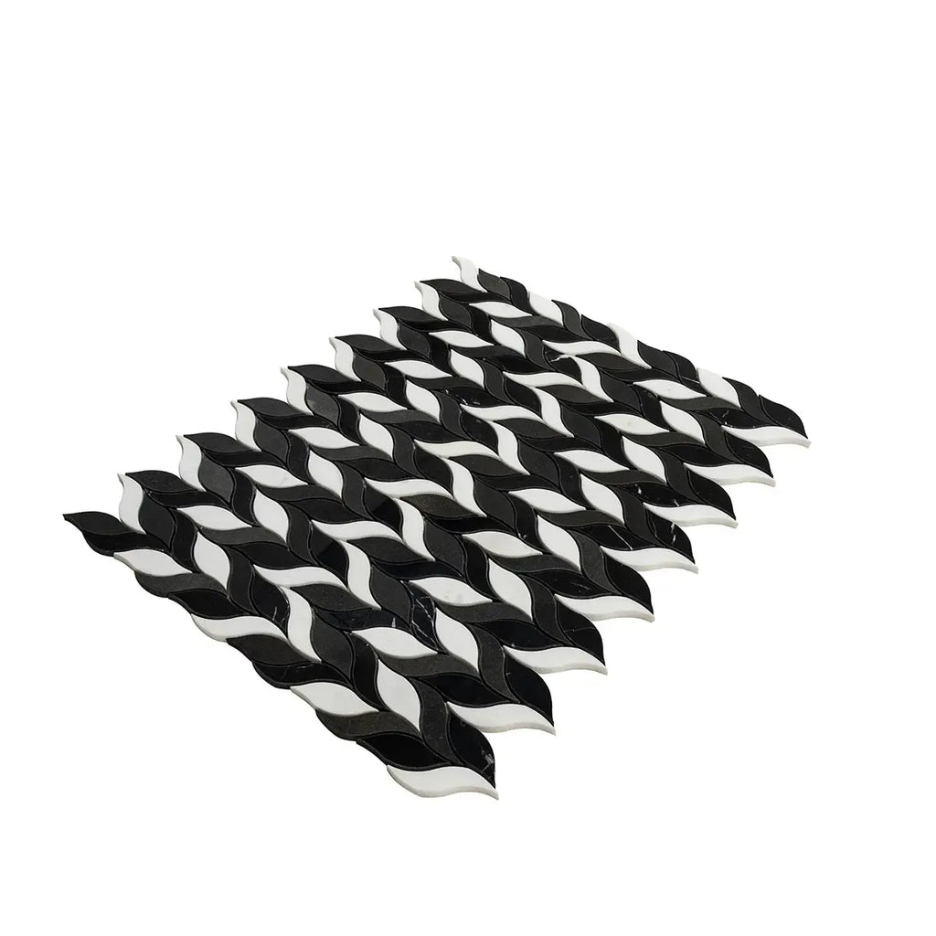 Nero Marquina & White Leaf Marble Mosaic Tile | Tile Club