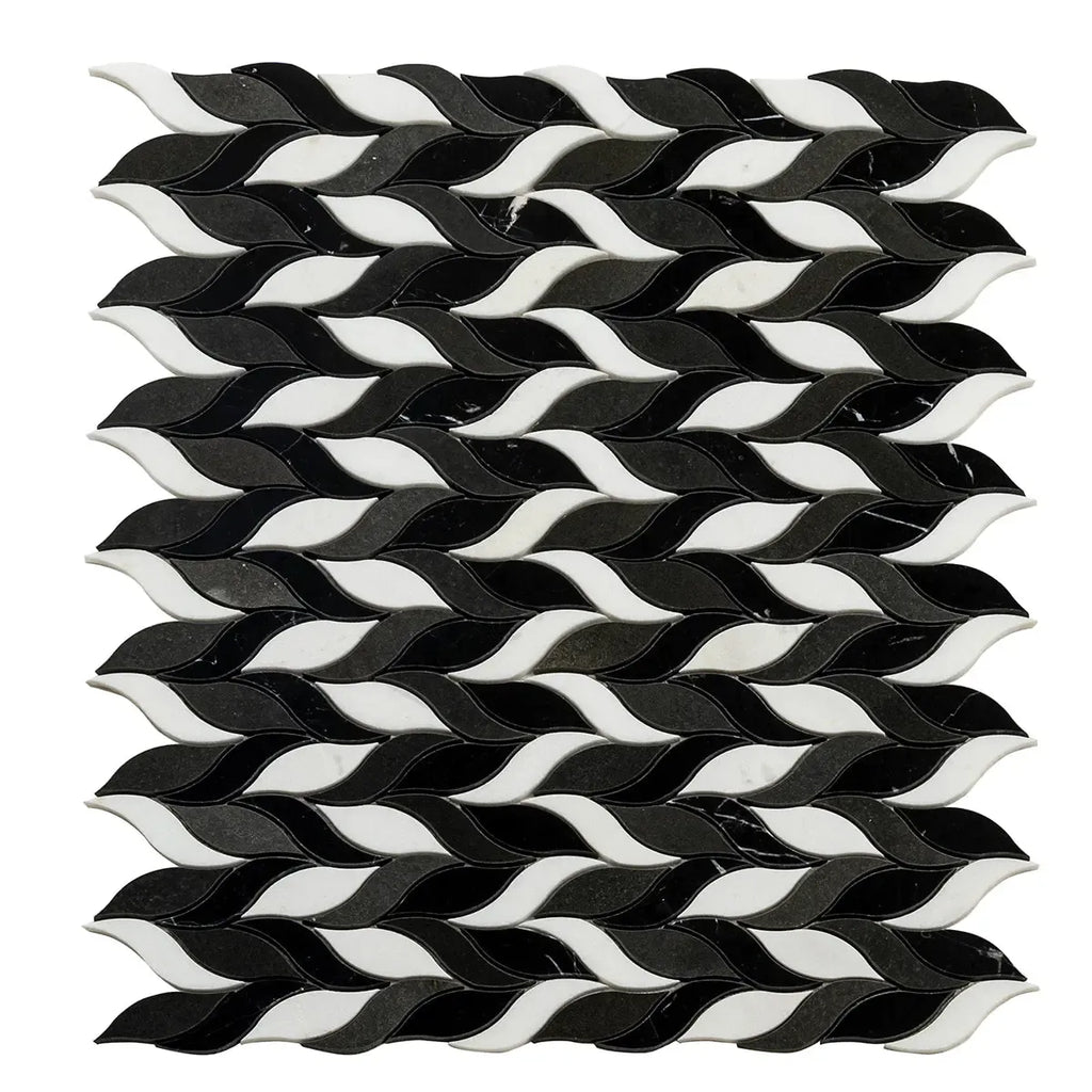 Nero Marquina & White Leaf Marble Mosaic Tile | Tile Club