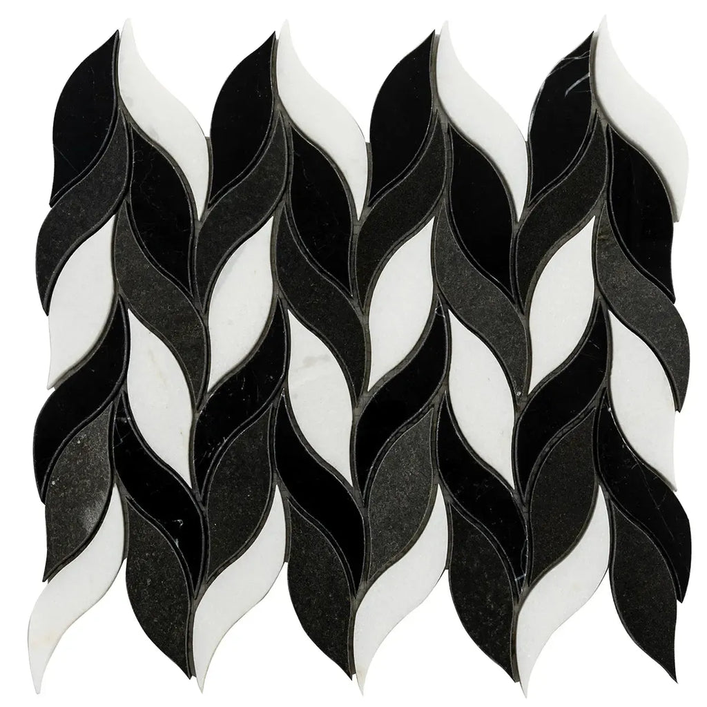Nero Marquina & White Leaf Marble Mosaic Tile Sample | Tile Club