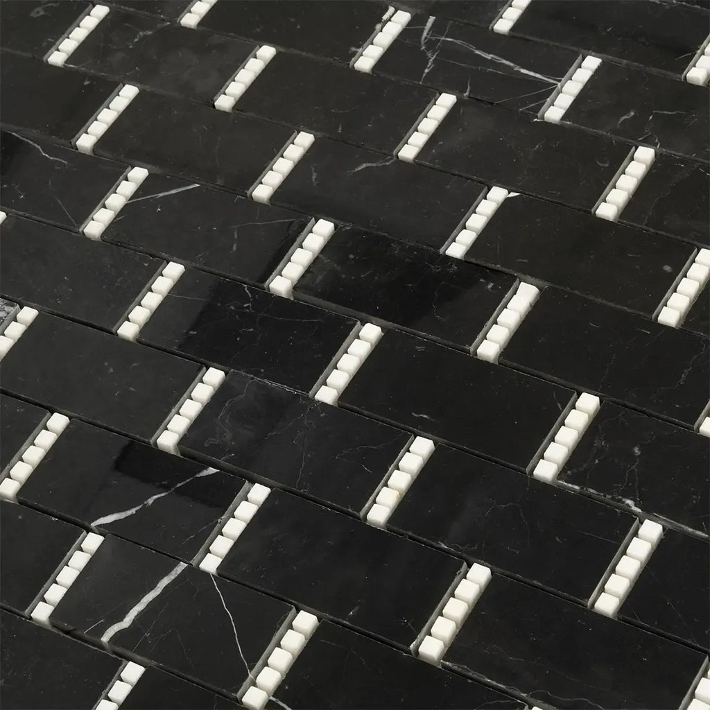 Nero Marquina with Thassos Dots Brick Marble Mosaic Tile | Tile Club