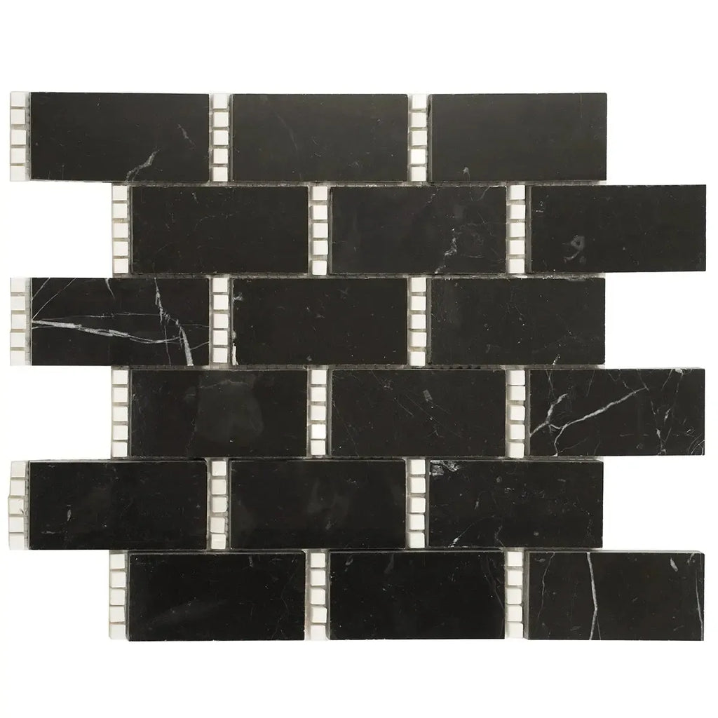 Nero Marquina with Thassos Dots Brick Marble Mosaic Tile Sample | Tile Club