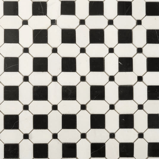 Thassos Octagon with Nero Marquina Squares Marble Mosaic Tile | Tile Club