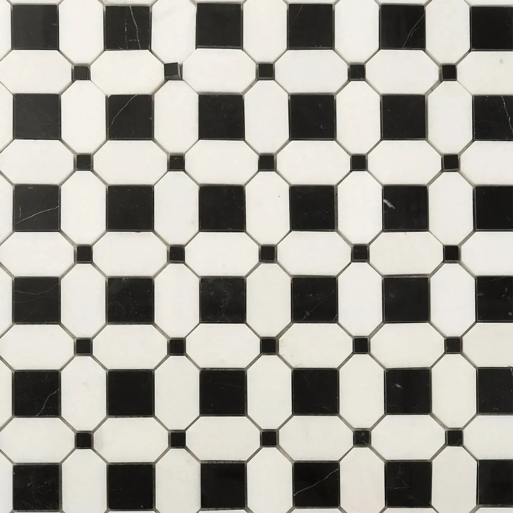 Thassos Octagon with Nero Marquina Squares Marble Mosaic Tile | Tile Club