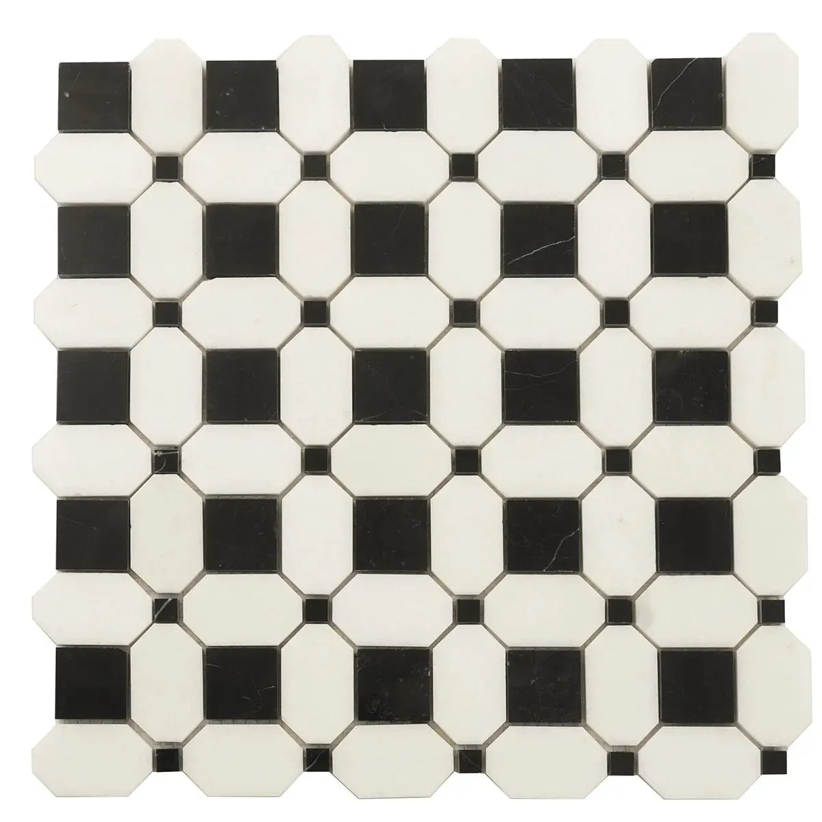 Thassos Octagon with Nero Marquina Squares Marble Mosaic Tile Sample | Tile Club
