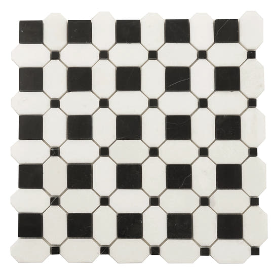 Thassos Octagon with Nero Marquina Squares Marble Mosaic Tile | Tile Club