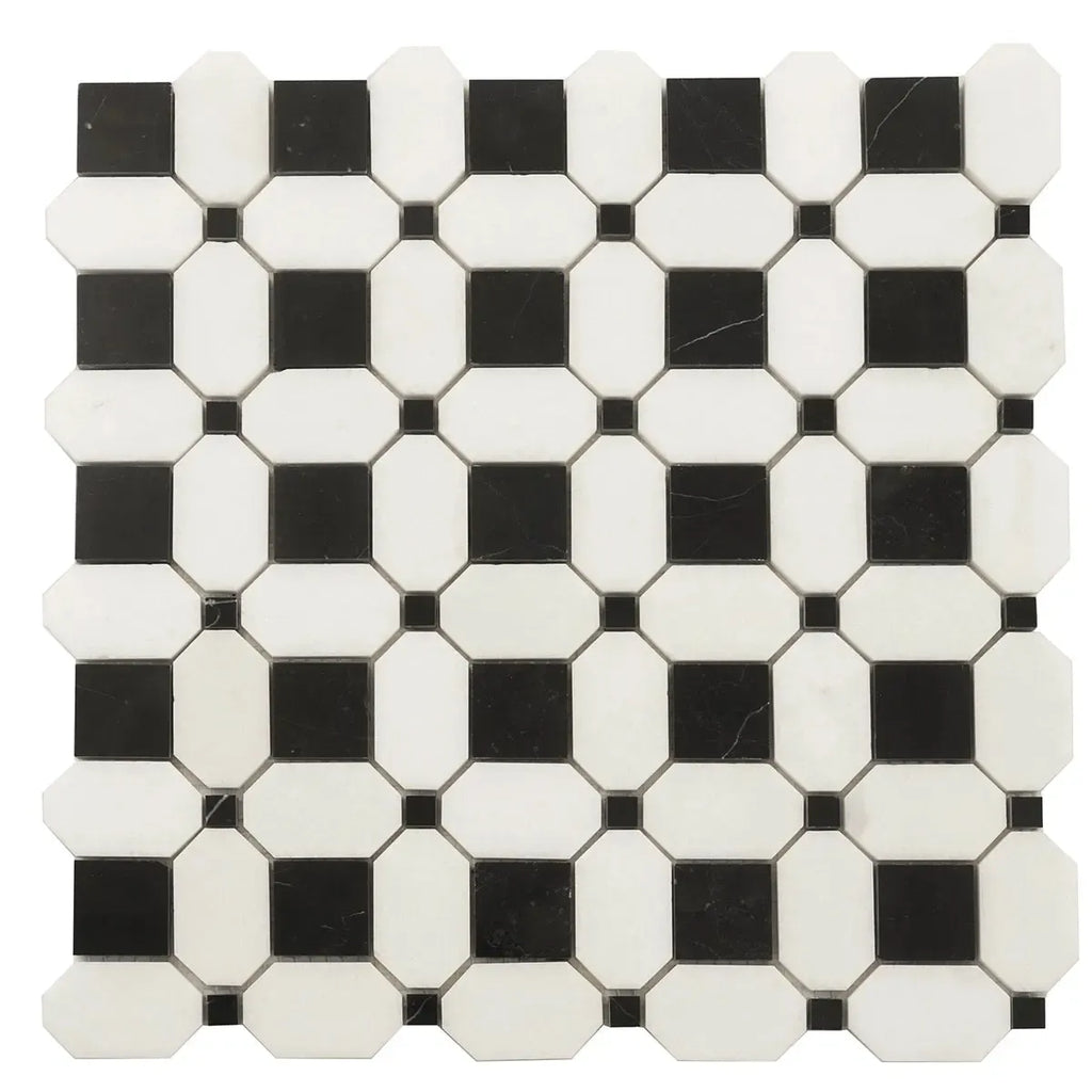 Thassos Octagon with Nero Marquina Squares Marble Mosaic Tile | Tile Club