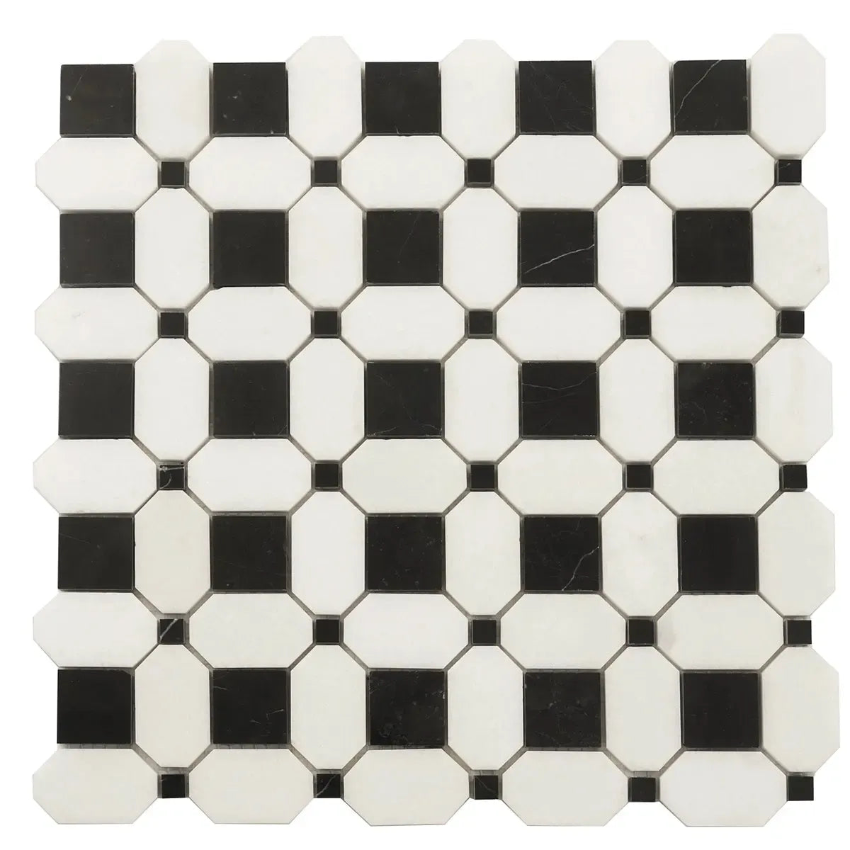 Thassos Octagon with Nero Marquina Squares Marble Mosaic Tile | Tile Club