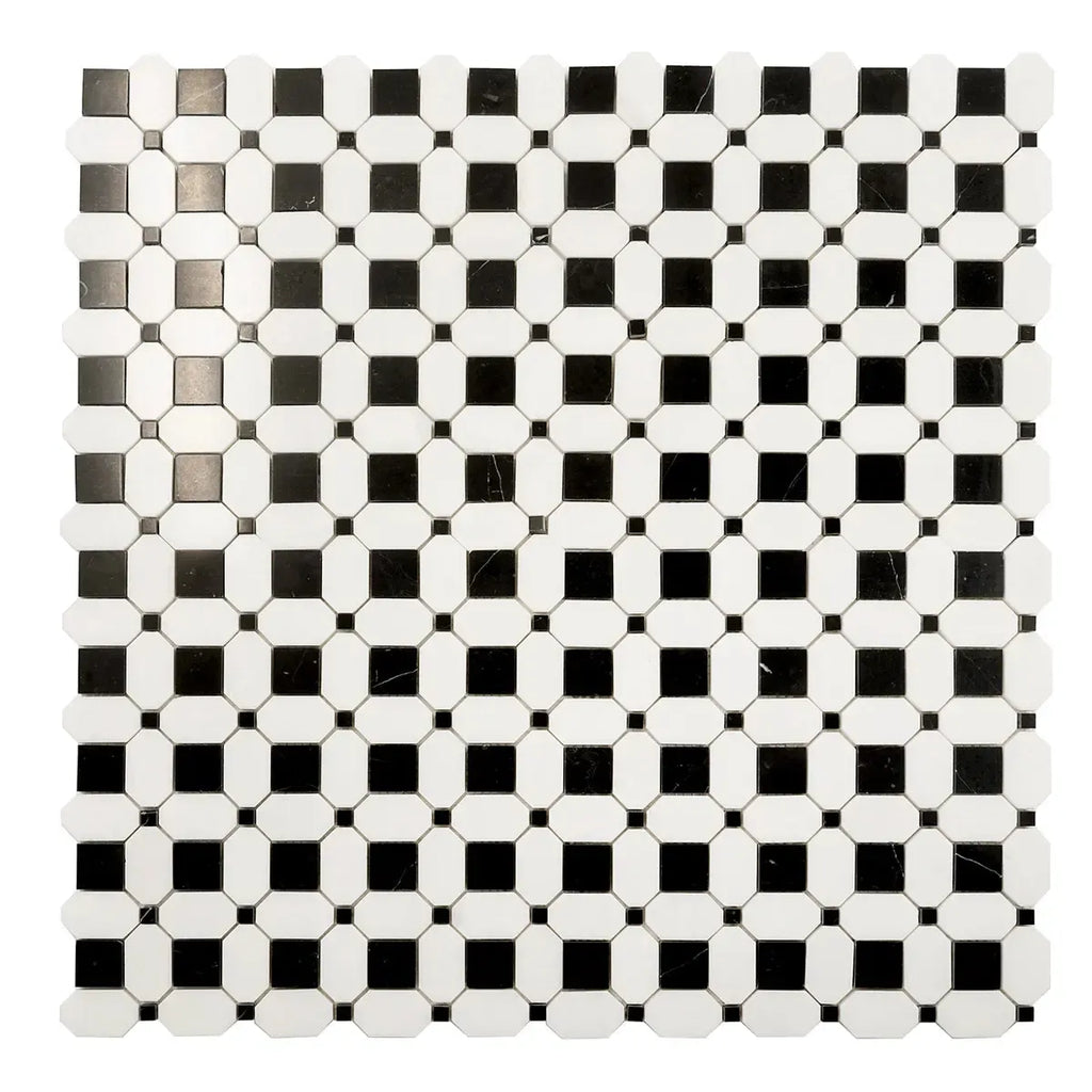 Thassos Octagon with Nero Marquina Squares Marble Mosaic Tile | Tile Club