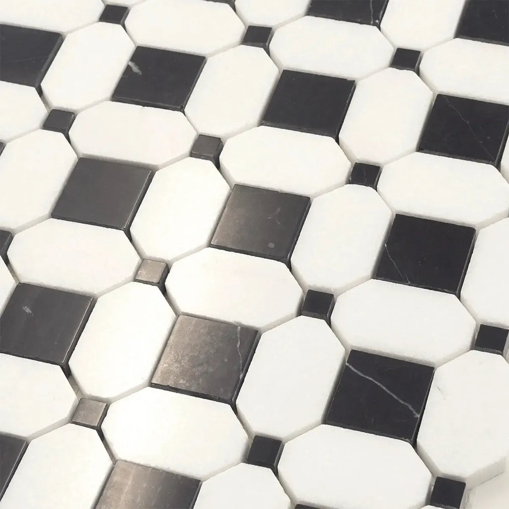 Thassos Octagon with Nero Marquina Squares Marble Mosaic Tile | Tile Club