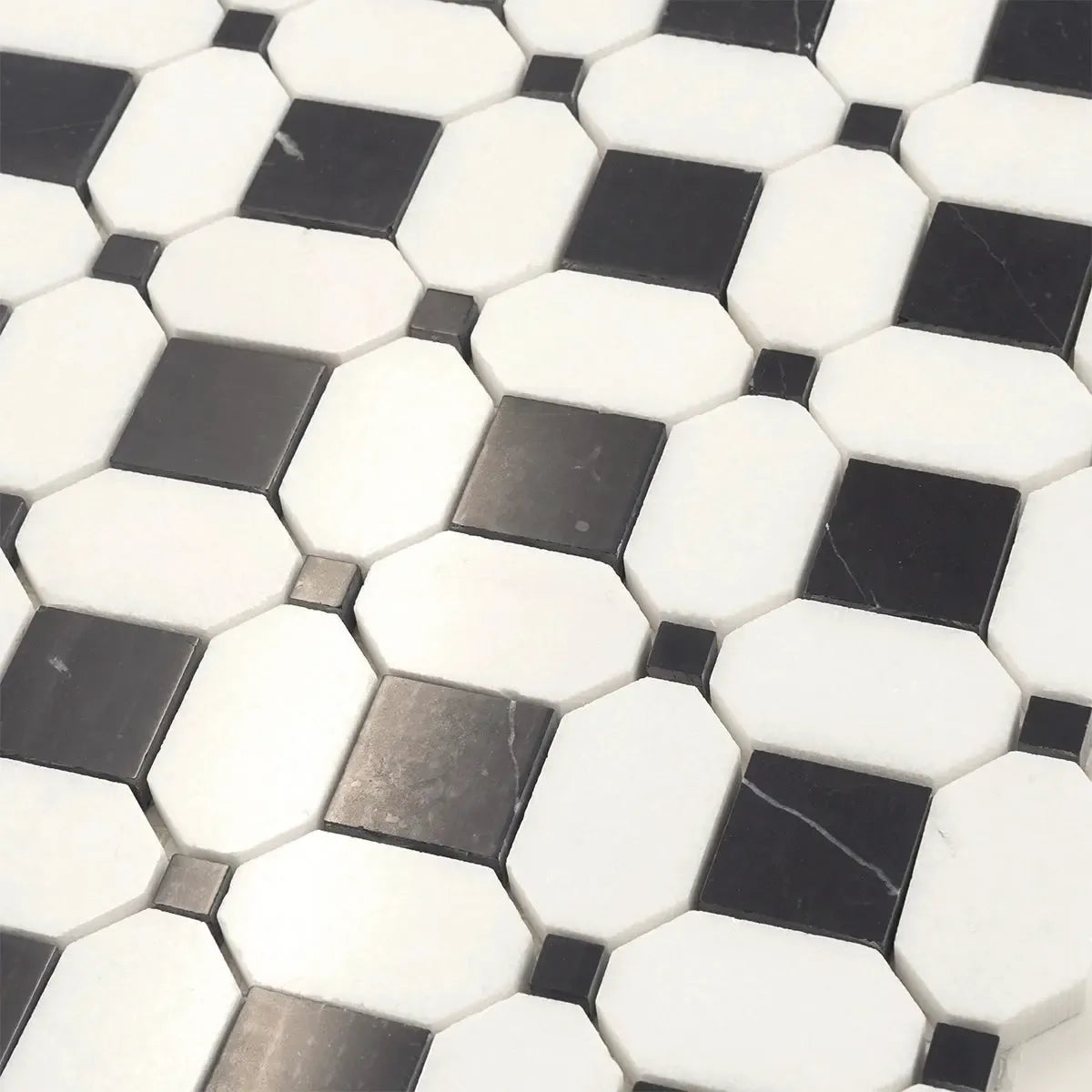 Thassos Octagon with Nero Marquina Squares Marble Mosaic Tile | Tile Club