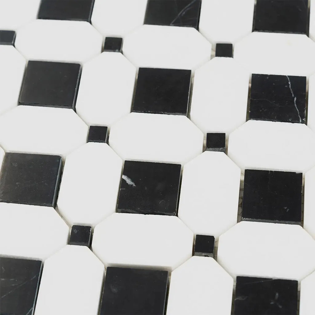 Thassos Octagon with Nero Marquina Squares Marble Mosaic Tile | Tile Club