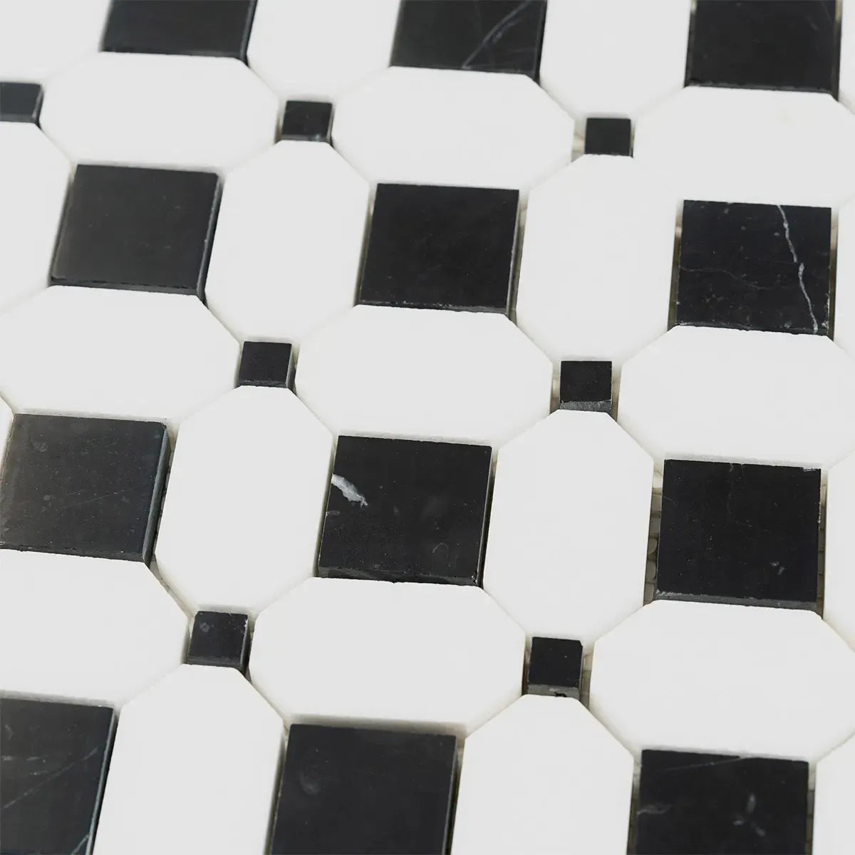 Thassos Octagon with Nero Marquina Squares Marble Mosaic Tile | Tile Club