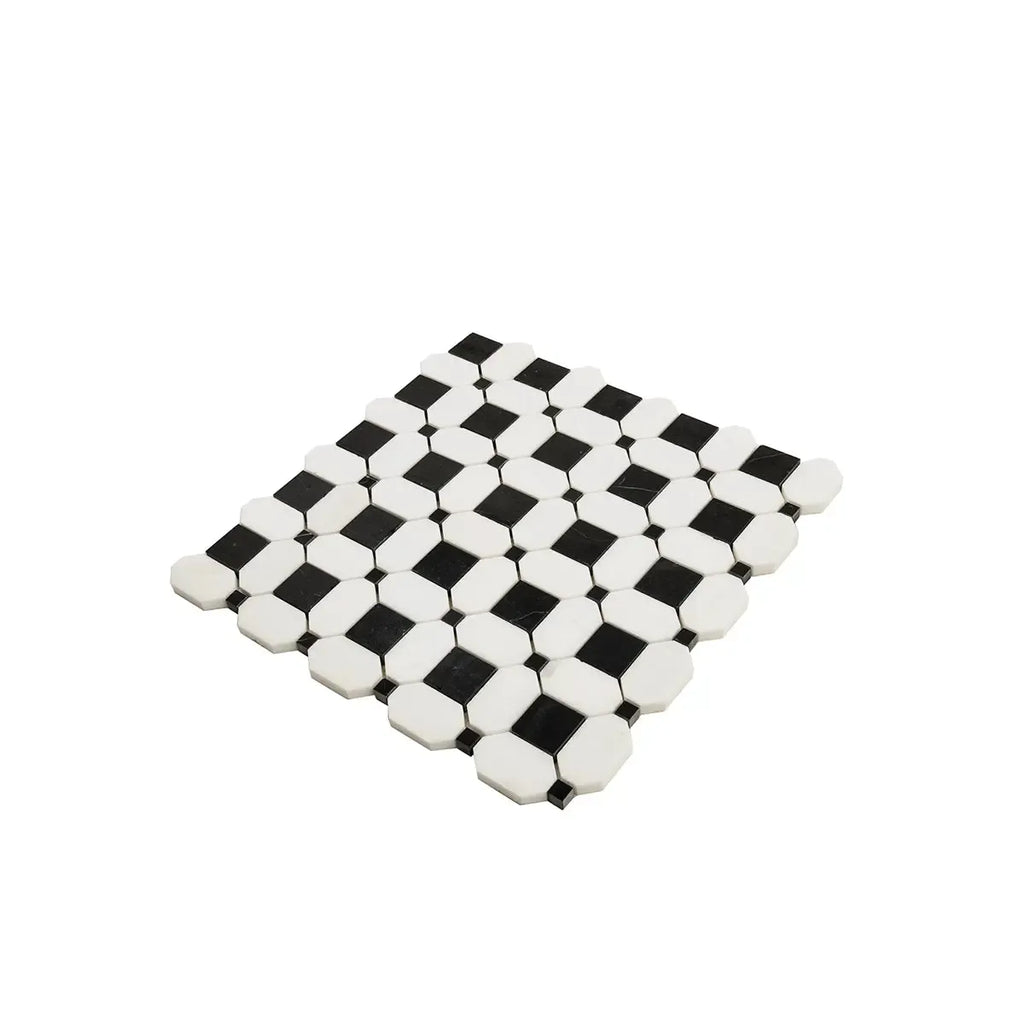 Thassos Octagon with Nero Marquina Squares Marble Mosaic Tile | Tile Club