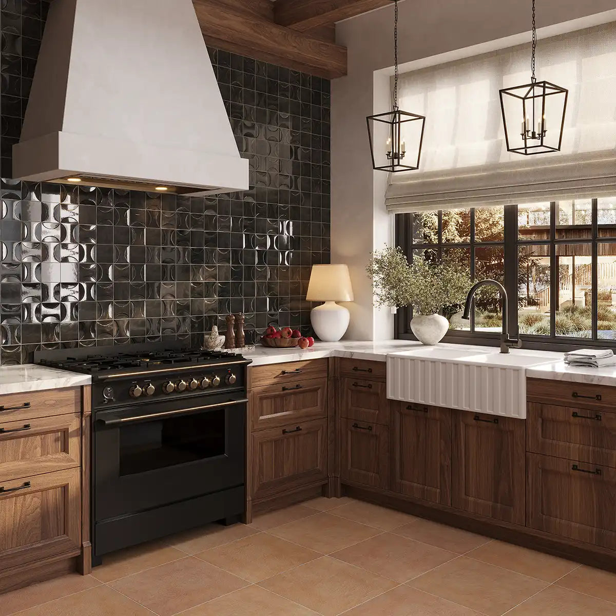 Modern kitchen with black stove, wooden cabinets, and decorative tiles.