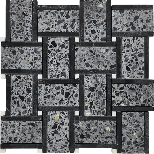 Black and Gray Terrazzo Basket Weave Mosaic Tile Sample