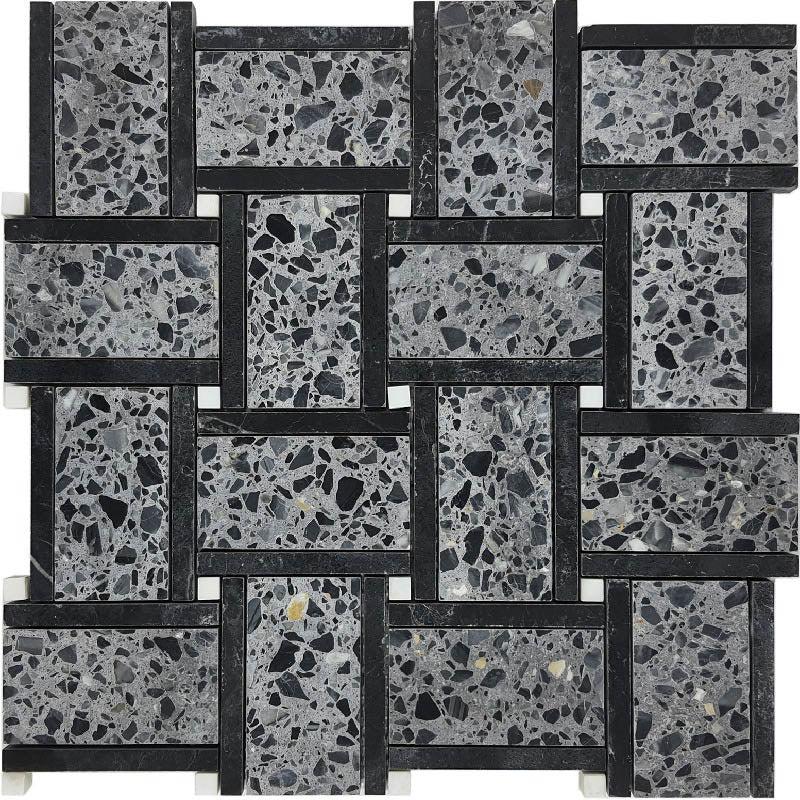 Black and Gray Terrazzo Basket Weave Mosaic Tile Sample