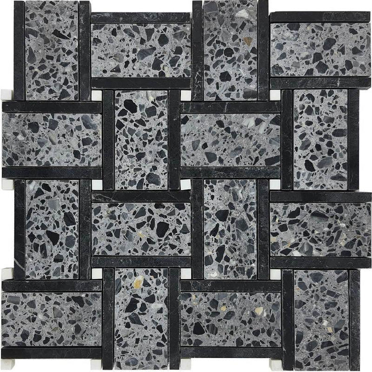 Black and Gray Terrazzo Basket Weave Mosaic Tile Sample