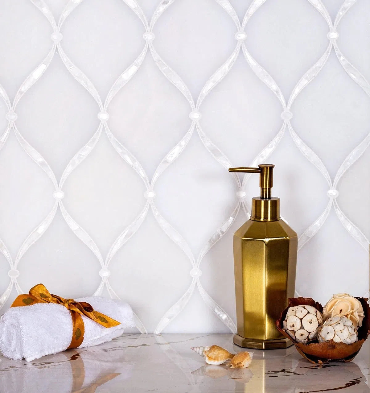 Pearl Chic White Marble & Mother Of Pearl Waterjet Mosaic Tile | Tile Club