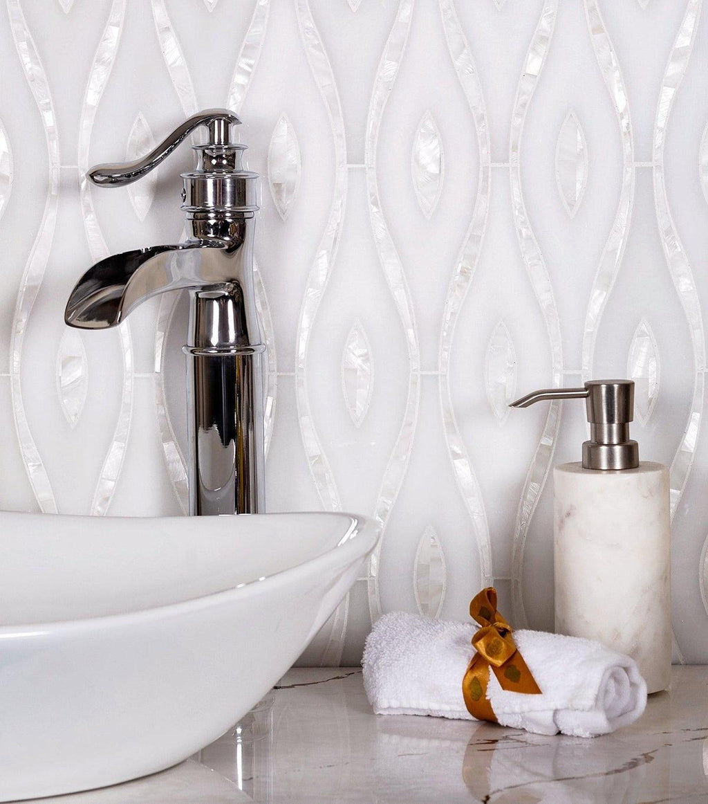 Pearl Wave White Marble & Mother Of Pearl Waterjet Mosaic Tile | Tile Club
