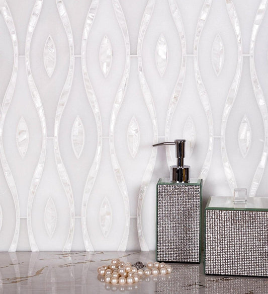 Pearl Wave White Marble & Mother Of Pearl Waterjet Mosaic Tile