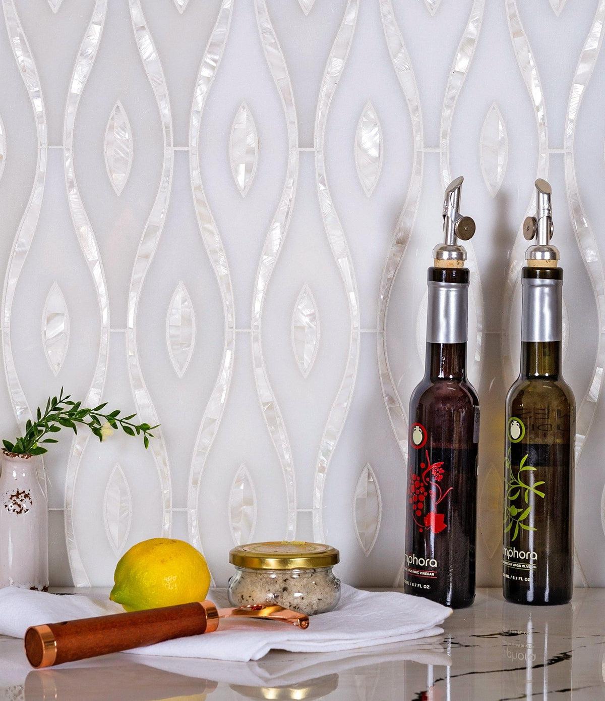 Pearl Wave White Marble & Mother Of Pearl Waterjet Mosaic Tile | Tile Club