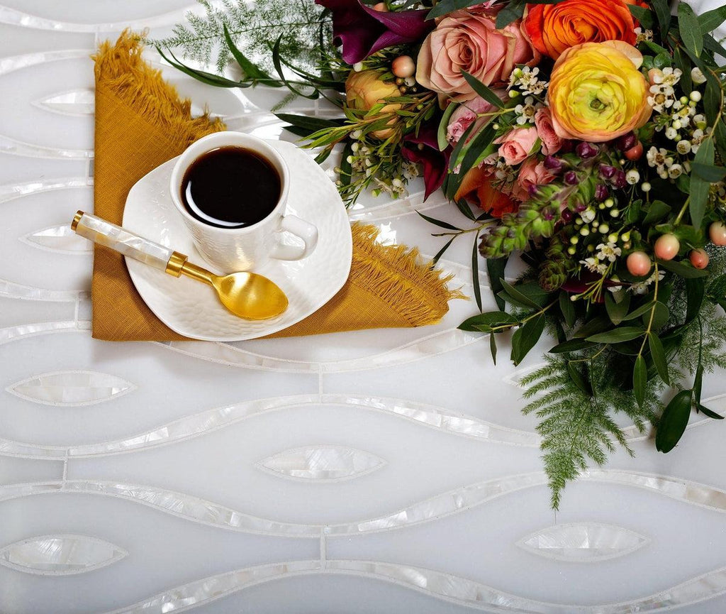 Pearl Wave White Marble & Mother Of Pearl Waterjet Mosaic Tile | Tile Club