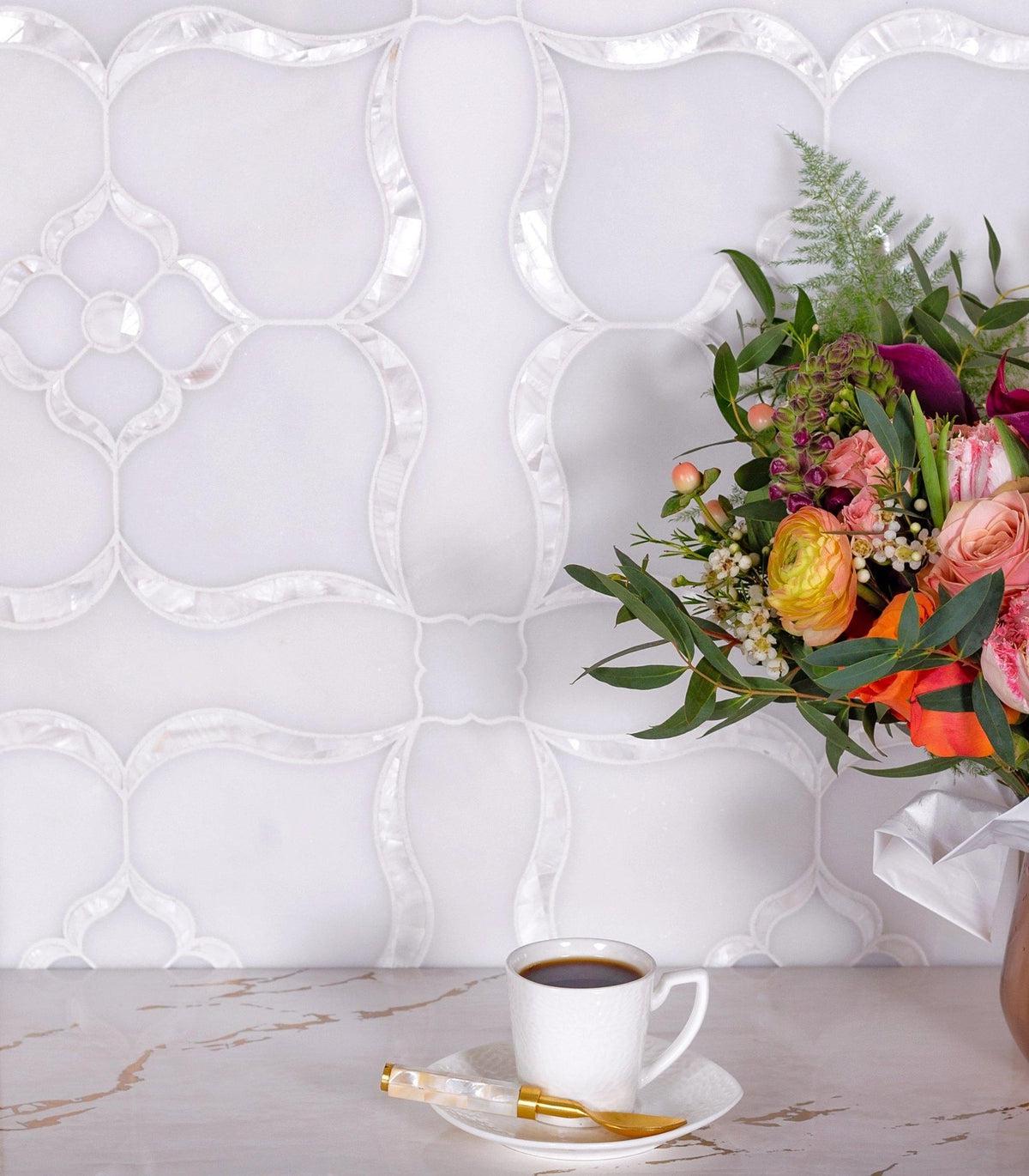 Pearl Flower White Marble & Mother Of Pearl Waterjet Mosaic Tile | Tile Club