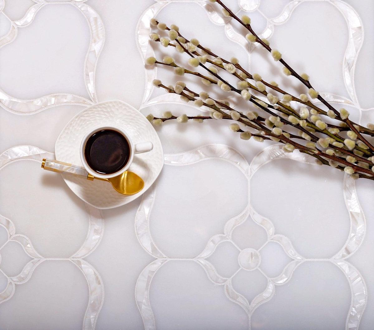 Pearl Flower White Marble & Mother Of Pearl Waterjet Mosaic Tile | Tile Club