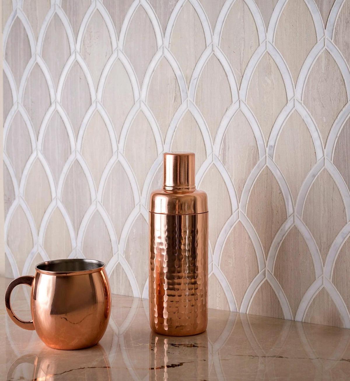 Wood-look tile with Bianco Carrara Marble for an Elegant Kitchen