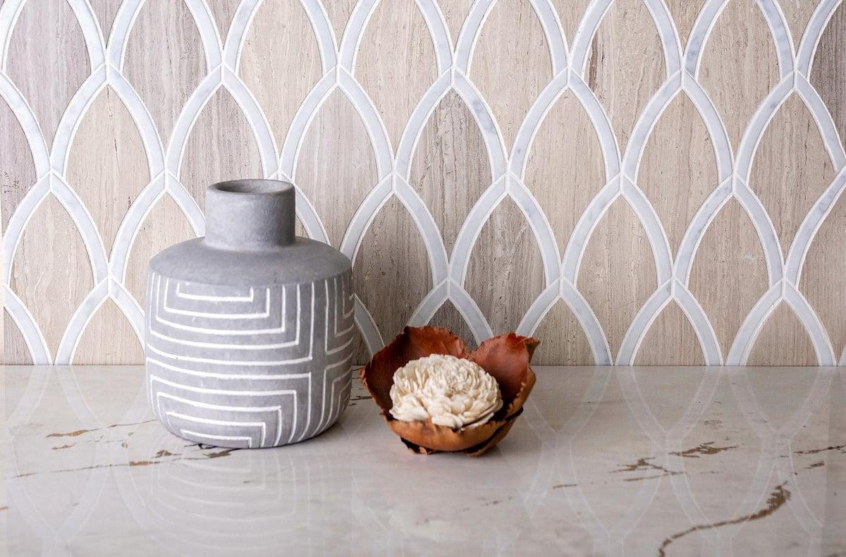 Wood-look tile with Bianco Carrara Marble for an Elegant Bathroom