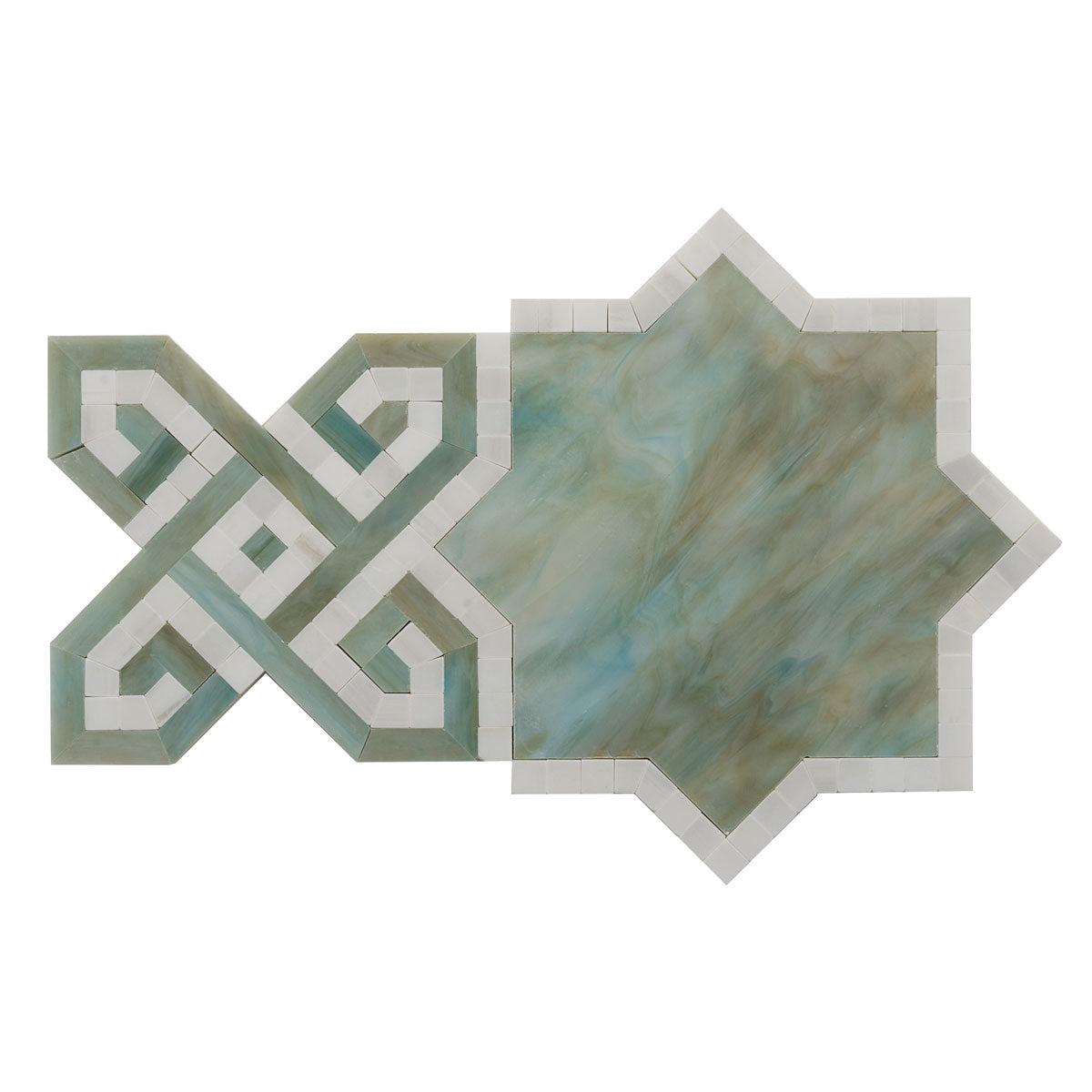 Blue Green Brown Stained Glass & White Marble Mosaic Tile