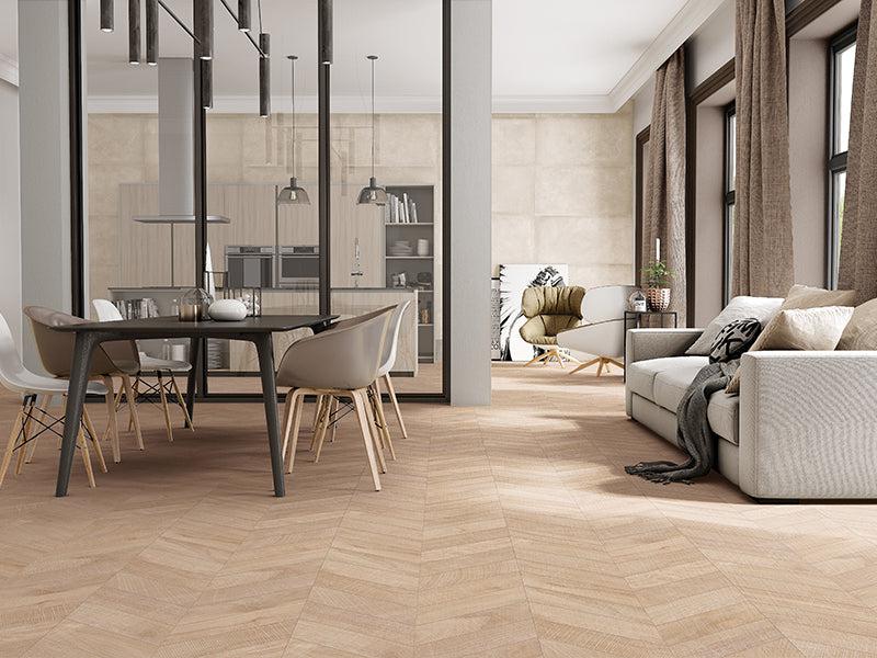 Japandi Chevron Maple Wood-Look Tile Flooring | Tile Club