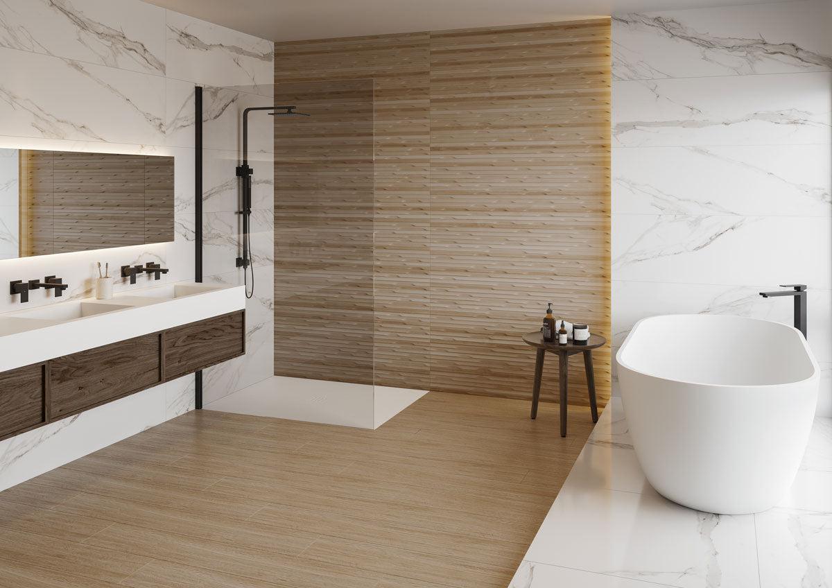 Japandi Oak Textured 16x48 Ceramic Tile | Tile Club